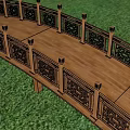 Municipal Road Wooden Pedestrian Walkway With Carved Railings And Green Grass