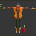 Cartoon Character Wearing Yellow Coat Purple Hat Red Scarf With Arms Outstretched Red Bucket Blue Tool