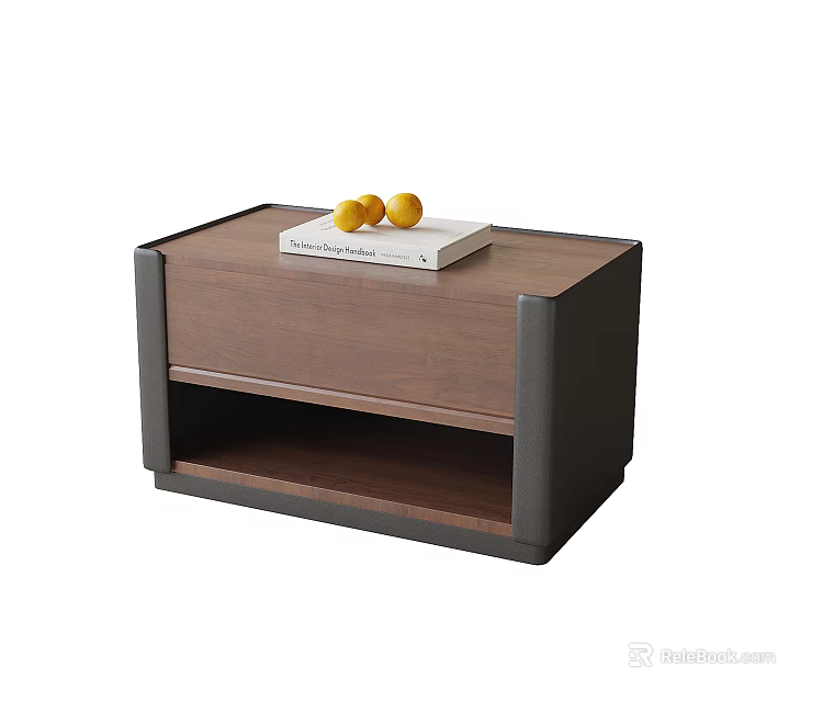 Modern Wooden Bedside Table With Black Frame And Book Plus Fruits On Surface 3d model 
