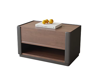 Modern Wooden Bedside Table With Black Frame And Book Plus Fruits On Surface 3d model