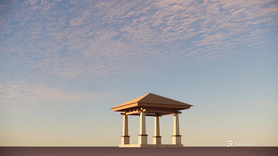 Garden Landscape Featuring Traditional Pavilion With Columns And Roof Under Blue Sky With Clouds 3d model 