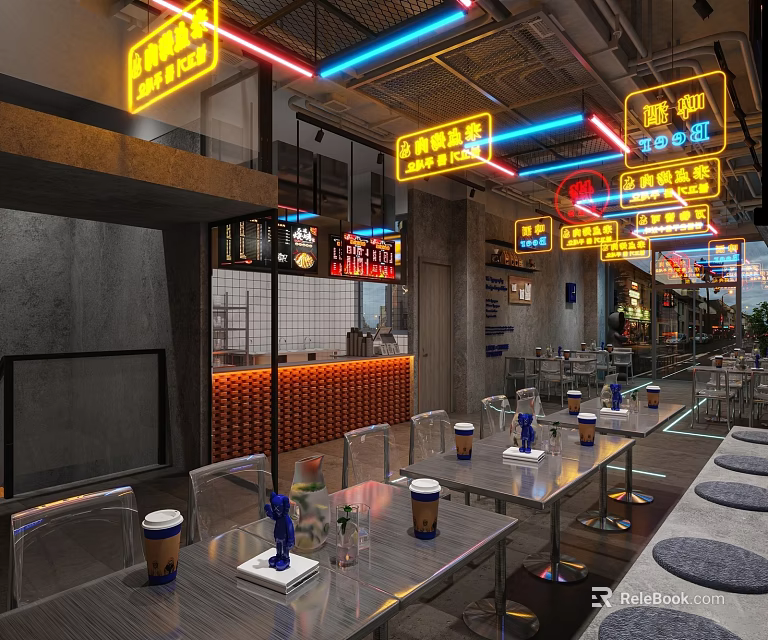 Industrial Style Restaurant Interior With Neon Signs Open Layout Tables And Chairs 3d model 