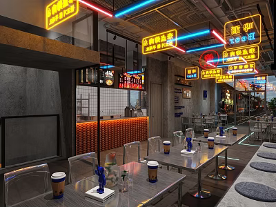 Industrial Style Restaurant Interior With Neon Signs Open Layout Tables And Chairs 3d model