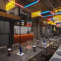 Industrial Style Restaurant Interior With Neon Signs Open Layout Tables And Chairs