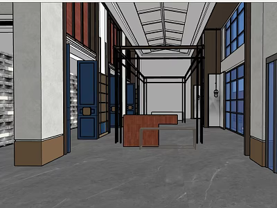 Modern Hotel Lobby Interior With High Ceiling Columns And Reception Desk 3d model
