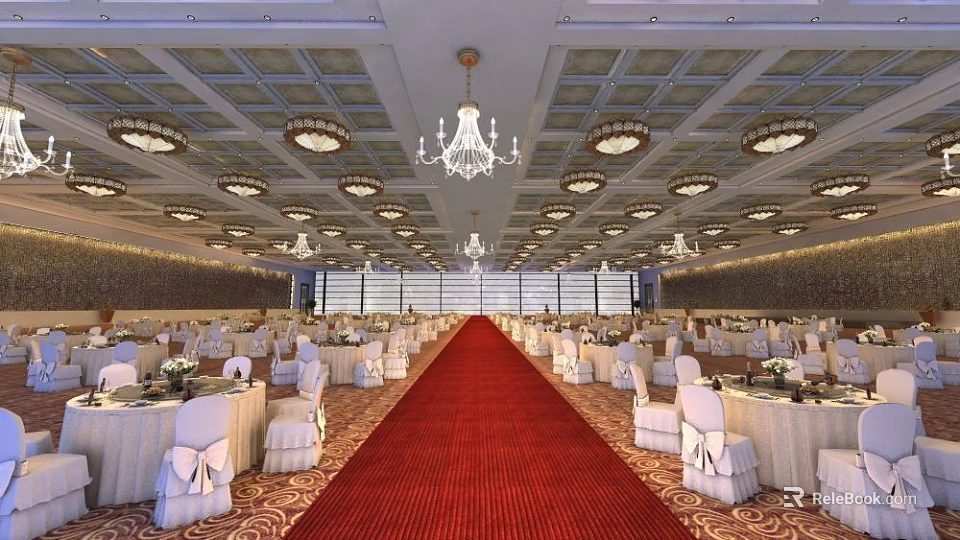 Luxurious Banquet Hall With Red Carpet Decorated Tables White Chair Covers And Chandeliers 3d model 