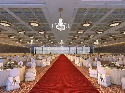 Luxurious Banquet Hall With Red Carpet Decorated Tables White Chair Covers And Chandeliers 3d model