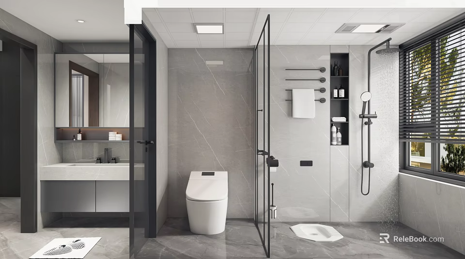 Modern Bathroom Interior With Glass Shower Partition Smart Toilet And Gray Tile Walls 3d model 