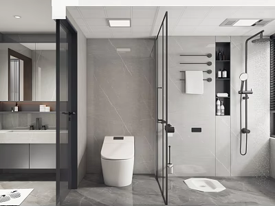 Modern Bathroom Interior With Glass Shower Partition Smart Toilet And Gray Tile Walls 3d model