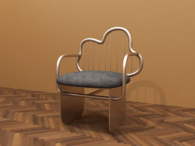 Cloud Shaped Metal Leisure Chair With Gray Padded Seat And Armrests On Wooden Herringbone Floor 3d model