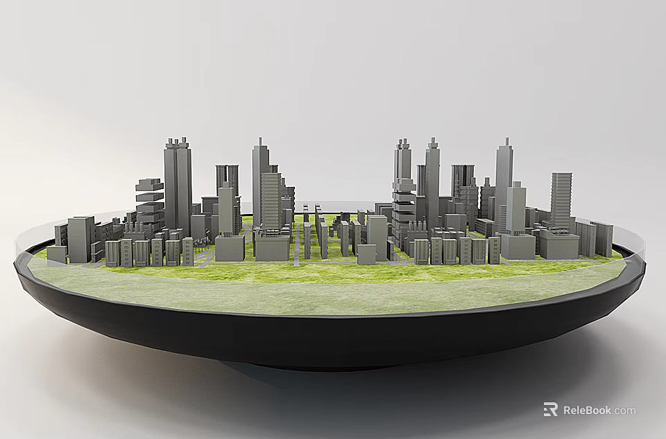 Commercial Urban Model Display Equipment With Grey High Rise Buildings Green Grassy Bowl Base 3d model 