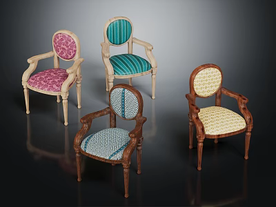Stylish Accent Chairs With Various Colorful Patterns And Wooden Frames Design 3d model