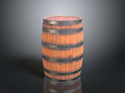Rustic Wooden Barrel With Metal Hoops And Distressed Wood Texture Standing On Reflective Surface 3d model
