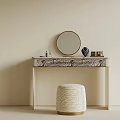Elegant Luxury Modern Dressing Table For Bedroom With Round Makeup Mirror And Patterned Stool