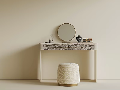 Elegant Luxury Modern Dressing Table For Bedroom With Round Makeup Mirror And Patterned Stool 3d model