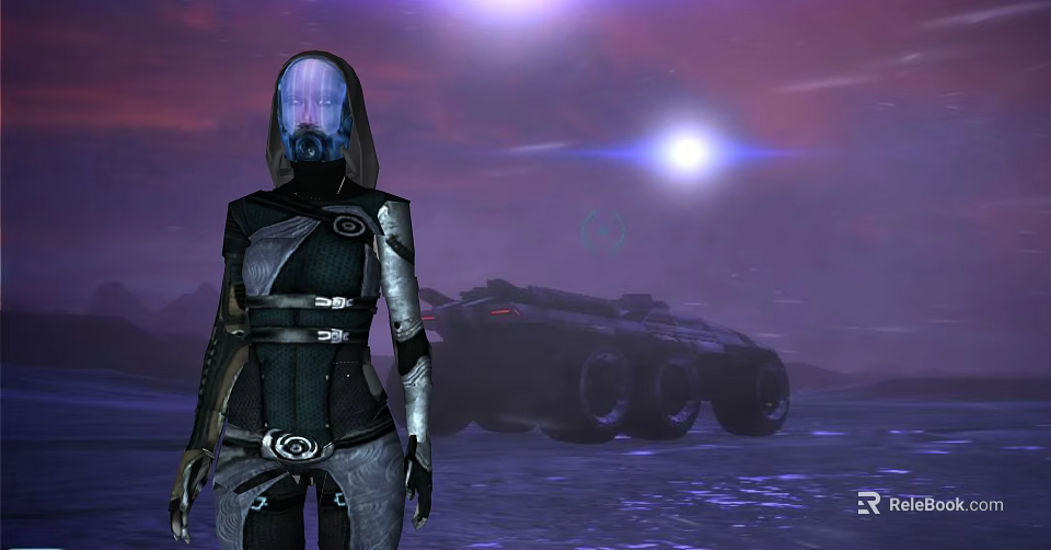Futuristic Sci-Fi Game Character In Armored Suit With Blue Glowing Head Purple Sky And Vehicle 3d model 