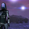 Futuristic Sci-Fi Game Character In Armored Suit With Blue Glowing Head Purple Sky And Vehicle