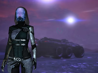 Futuristic Sci-Fi Game Character In Armored Suit With Blue Glowing Head Purple Sky And Vehicle 3d model