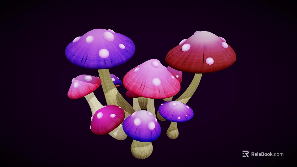 Vibrant Colorful Mushrooms with Purple Pink Red Hats and White Spots on Dark Background 3d model 