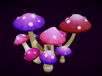Vibrant Colorful Mushrooms with Purple Pink Red Hats and White Spots on Dark Background 3d model