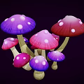 Vibrant Colorful Mushrooms with Purple Pink Red Hats and White Spots on Dark Background