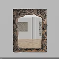 Decorative Mirror With Carved Wooden Frame Reflecting Room Interior Artwork And Wooden Floor