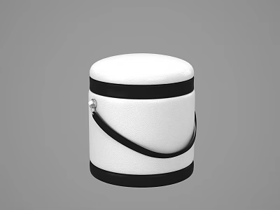White Cylindrical Ottoman With Black Trim And Leather Strap Design 3d model