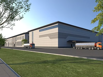 Large Modern Industrial Factory Building Exterior With Metal Glass Facade Trucks Green Lawn And Trees 3d model