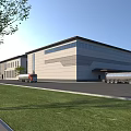 Large Modern Industrial Factory Building Exterior With Metal Glass Facade Trucks Green Lawn And Trees