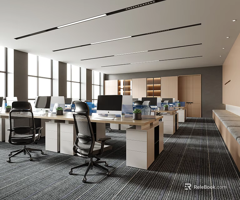 Bright Modern Public Office Space With Desks Office Chairs Computers Large Windows And Ceiling Lights 3d model