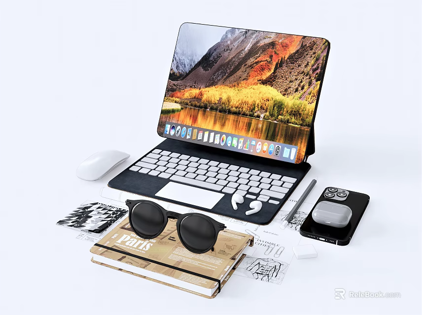 Sleek Modern Laptop With Scenic Landscape Display External Keyboard Mouse Sunglasses On Book And Pen 3d model 