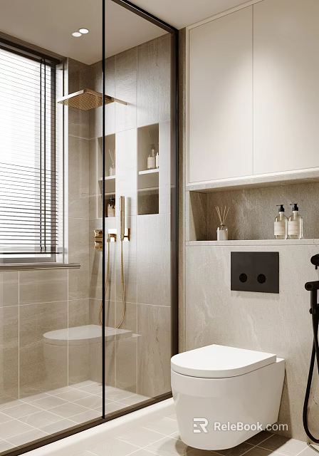 Modern Bathroom Interior With Glass Shower Door Wall Niches Storage Cabinets And Bath Products 3d model 