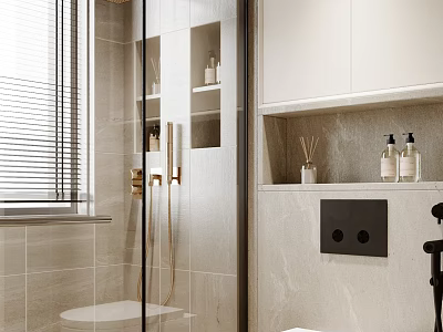Modern Bathroom Interior With Glass Shower Door Wall Niches Storage Cabinets And Bath Products 3d model