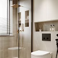 Modern Bathroom Interior With Glass Shower Door Wall Niches Storage Cabinets And Bath Products