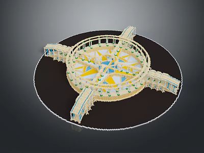 Ornamental Circular Platform with Yellow Blue Geometric Pattern and White Railings and Extended Decorative Sections 3d model