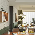 Modern Living and Dining Room Interior With Sofa Dining Table Plants Pendant Light And Decor