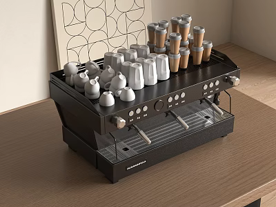 Modern Kitchen Coffee Machine With Various Cups Arranged On Wooden Countertop 3d model
