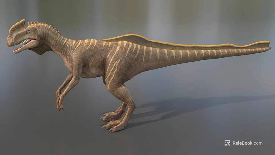 Reptile Dinosaur With Striped Skin And Dorsal Structure In Standing Posture 3d model 