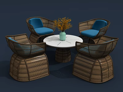 Wicker Table and Chair Set with Round White Top Blue Cushions Green Vase Yellow Flowers 3d model