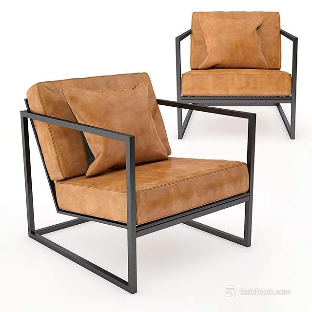 Modern Accent Chair With Brown Leather Upholstery Black Metal Frame And Accent Pillow 3d model 
