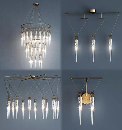 Modern Lighting Combinations Featuring Geometric Chandeliers Metal Frames And Transparent Glass Elements 3d model