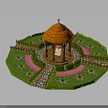 Decorative Garden With Orange Roof Gazebo Green Lawn Pink Flowers Stone Path And Wooden Fence