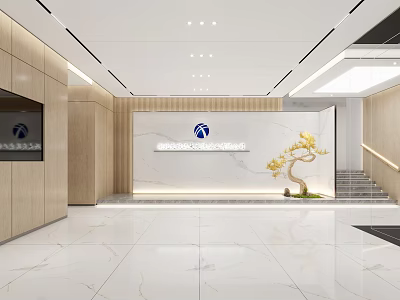 Bright Modern Front Desk Reception Area With Logo Wall And Decorative Plant 3d model
