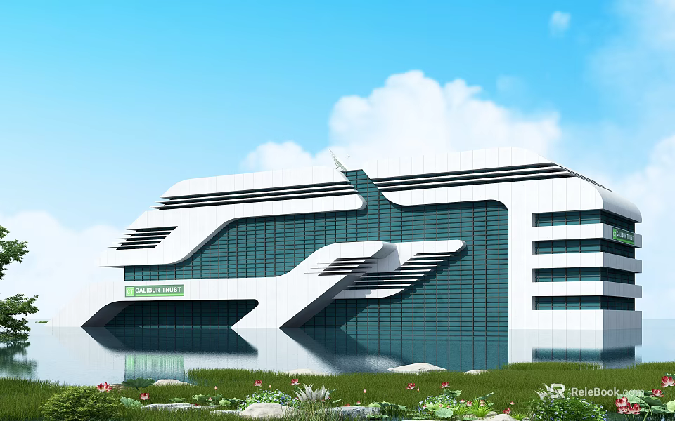 Modern Office Building With Glass Curtain Wall Unique Design Water Reflection And Greenery 3d model 