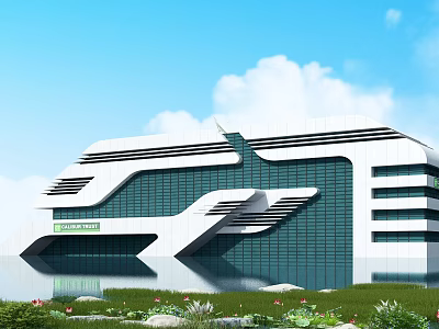 Modern Office Building With Glass Curtain Wall Unique Design Water Reflection And Greenery 3d model