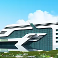Modern Office Building With Glass Curtain Wall Unique Design Water Reflection And Greenery