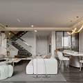 Modern Living and Dining Room Interior With Comfortable Sofa Stylish Dining Table And Pendant Lights
