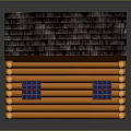 Traditional Rustic Log Cabin With Orange Log Structure Dark Roof Wooden Door And Blue Windows