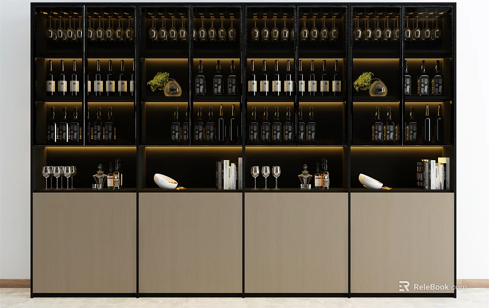 Elegant Wine Cabinet With Layered Shelves Holding Wine Bottles And Glasses 3d model 