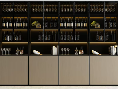 Elegant Wine Cabinet With Layered Shelves Holding Wine Bottles And Glasses 3d model